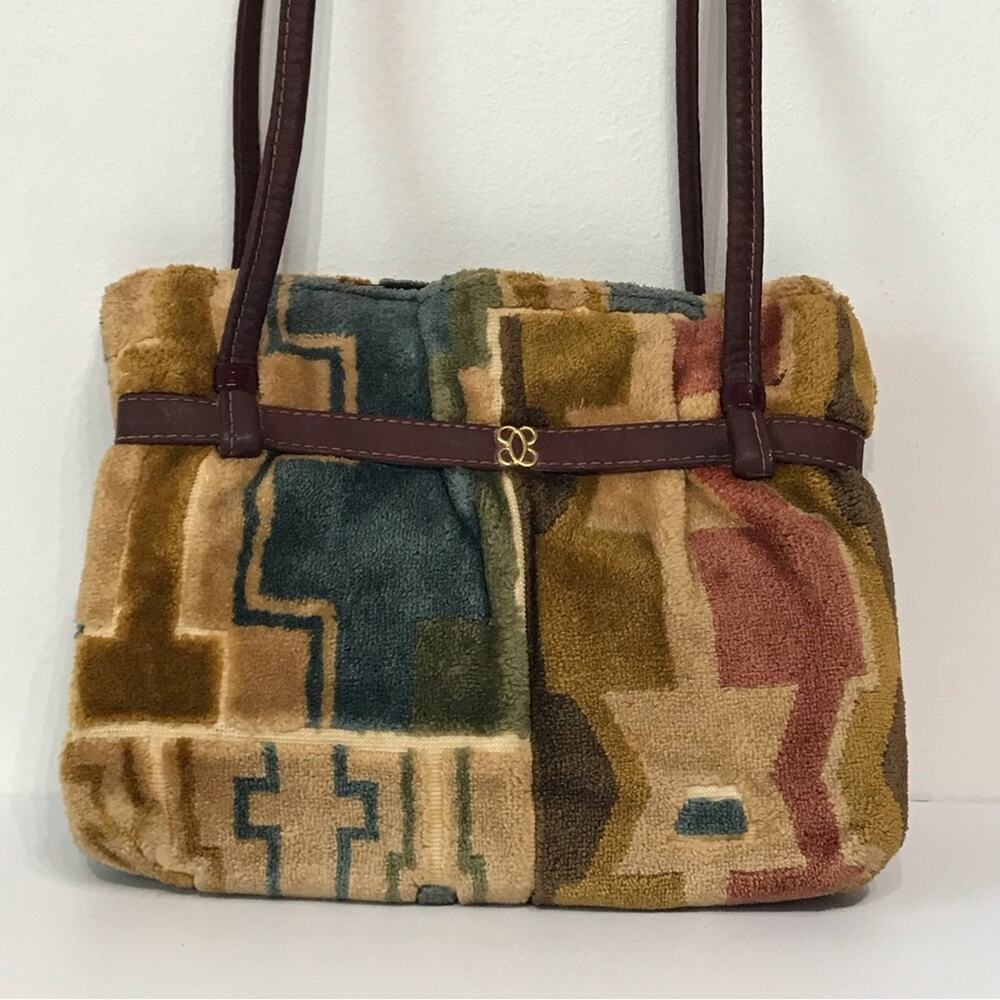 Vintage 70s Carpet Bag Purse Patchwork Southwestern Double Shoulder Strap Tan - Picture 2 of 15